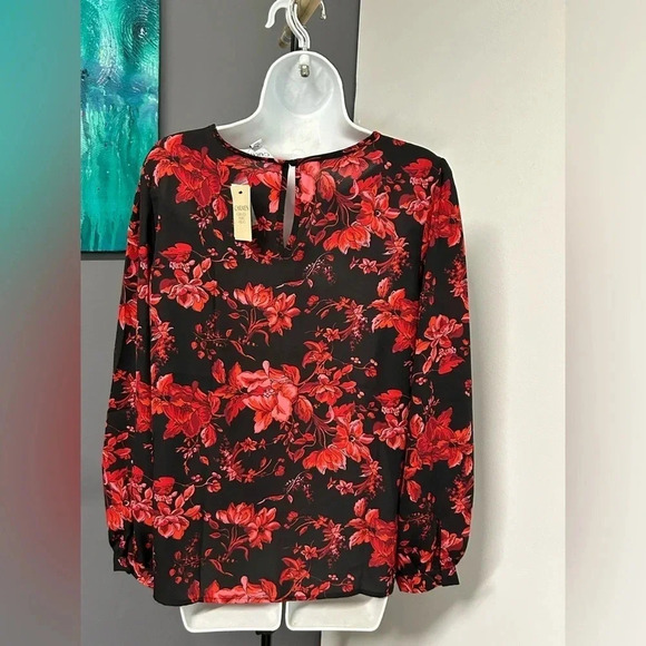 Carmen Marc Valvo Women’s Blouse Medium Floral Red Black Lace Keyhole Romantic - Picture 8 of 16